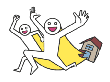 Two people cheerfully running out of the house