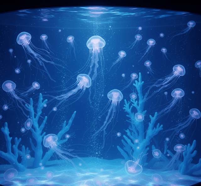 幻想的な水槽で泳ぐクラゲたち。